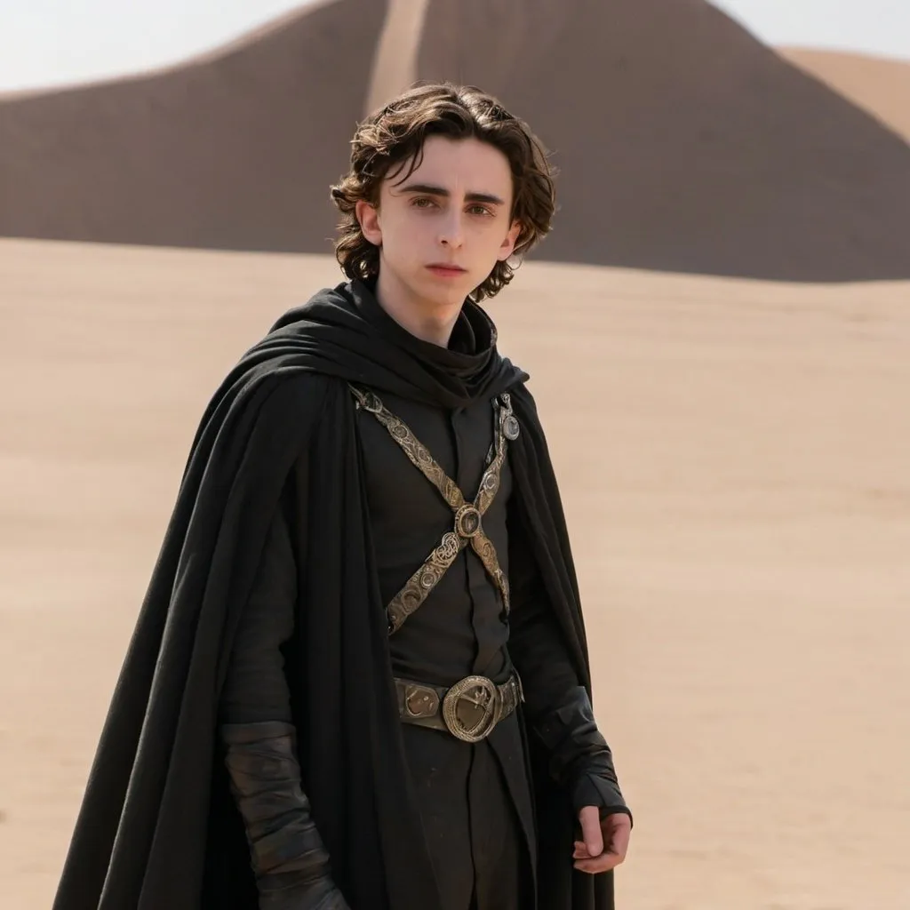 Prompt: timothee chalamet as paul atreides, wearing a black cloak.