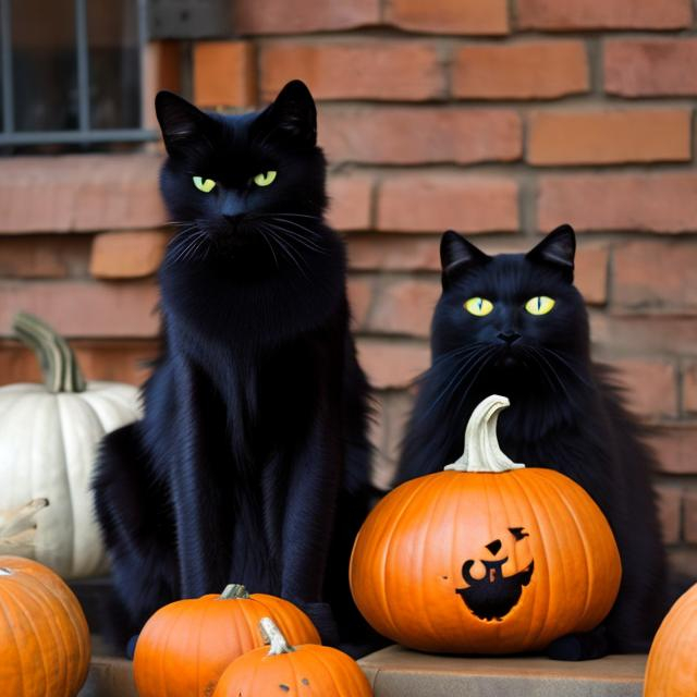 Prompt: black cats with pumpkins