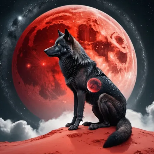 Prompt: A black wolf is sitting on a red moon, there are multiple craters on the moon, there is a spiral arm of the milky way in the sky