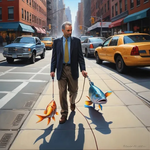 Prompt: Man walking fish on leash, New York City street, realistic oil painting, bustling city scene, high quality, detailed strokes, vibrant colors, realistic lighting, unique concept, surreal, urban, modern art, unusual pet, city hustle, detailed facial features, realistic textures, urban vibe, professional artwork