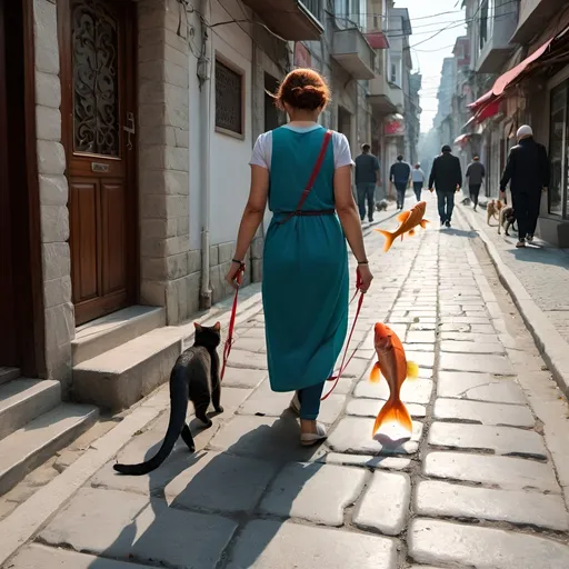 Prompt: A woman is walking down a street in Istanbul walking her three pet fish on leashes, many cats are following them