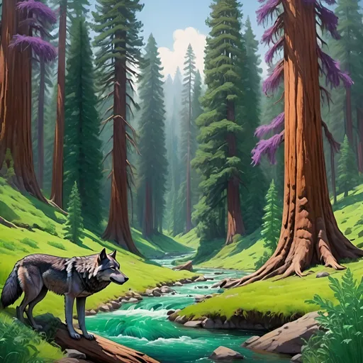 Prompt: there is a huge sequoia forest, the trees have many branches and green and purple leaves, there is an emerald stream flowing off into the distance, a wolf pack is lounging on the forest grass