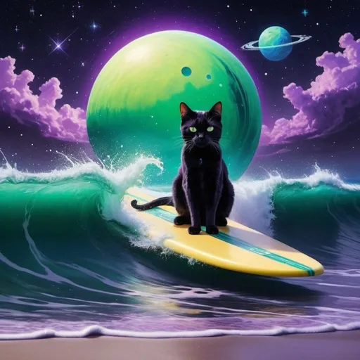 Prompt: A black cat rides a surfboard on a green and purple planet, the ocean is a deep blue and it splashes on the shore, there are many stars in the sky