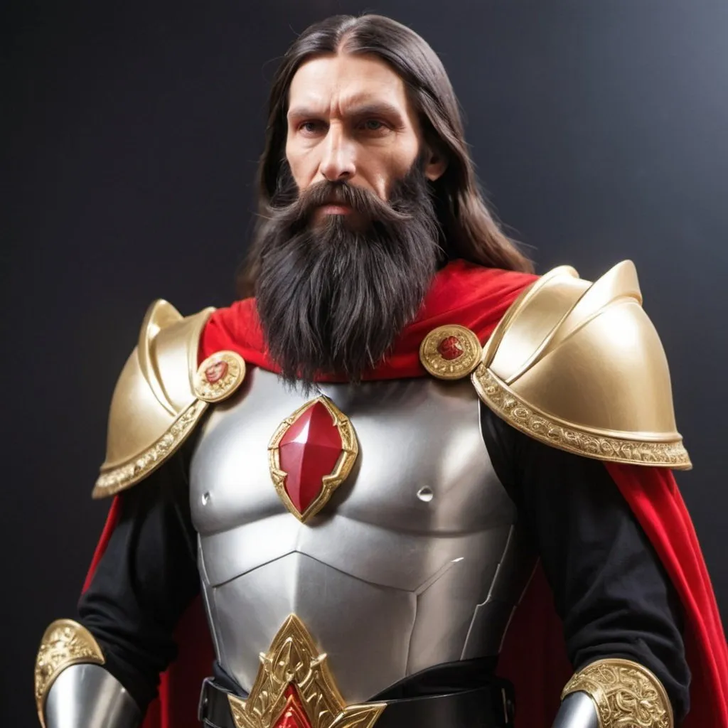 Prompt: Rasputin with a beard wearing shera's armor