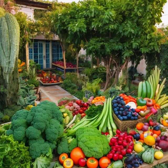 Prompt: a house with a garden full of fruits  and vegetables. Real looking image