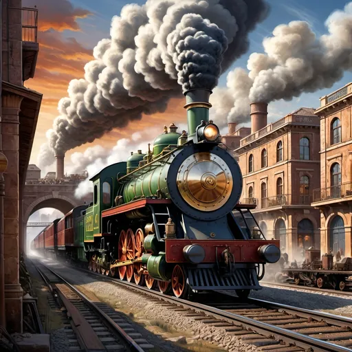 Prompt: (realistic illustration), alternate history, Roman steam engine innovation, imperial railroad line spanning Europe, Middle East, North Africa, industrial age emergence, bustling factories, intricate train designs, steam billowing, historical architecture, juxtaposition of ancient and industrial elements, dynamic landscapes, vibrant colors, detailed mechanisms, dramatic sky, ultra-detailed, cinematic ambiance.