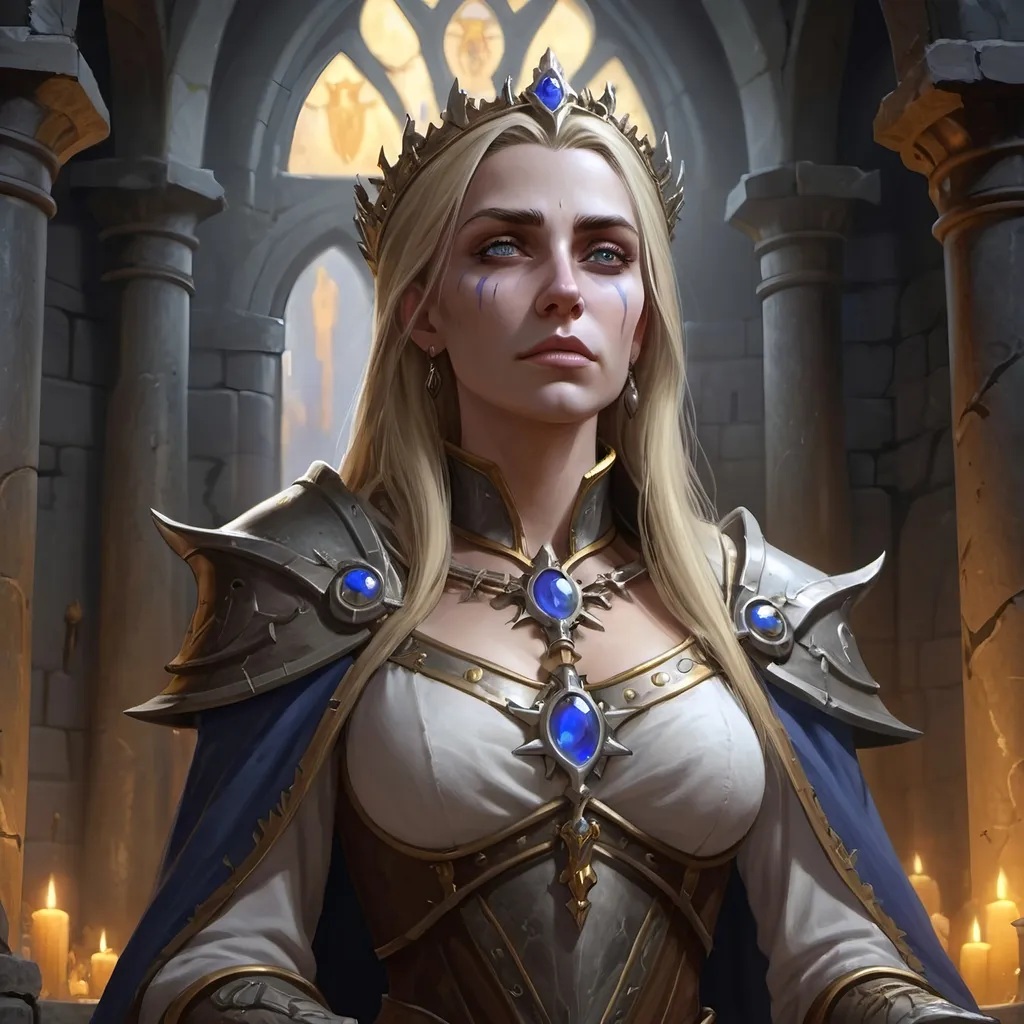 Prompt: (realistic illustration), Calia Menethil, she has become undead, but she was risen by the power of the light, she is a priest of the light, she is kind and good, she is pale, she is beautiful, stands in the ruins of her fathers throne room, Lordaeron, she has become the new queen of the Forsaken and of Lordaeron, she rules with great love for her people and kindness, she gives the Forsaken hope, 4k, detailed lighting, detailed anatomy.