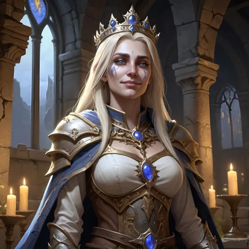 Prompt: (realistic illustration), Calia Menethil, she has become undead, but she was risen by the power of the light, she is a priest of the light, the light radiates from her, she is kind and good, she is pale, she is beautiful, stands in the ruins of her fathers throne room, Lordaeron, she has become the new queen of the Forsaken and of Lordaeron, The Forsaken knee before her, she rules with great love for her people and kindness, she has a loving smile on her face, she gives the Forsaken hope, she does her best to make amens for the sins of her brother, 4k, detailed lighting, detailed anatomy.