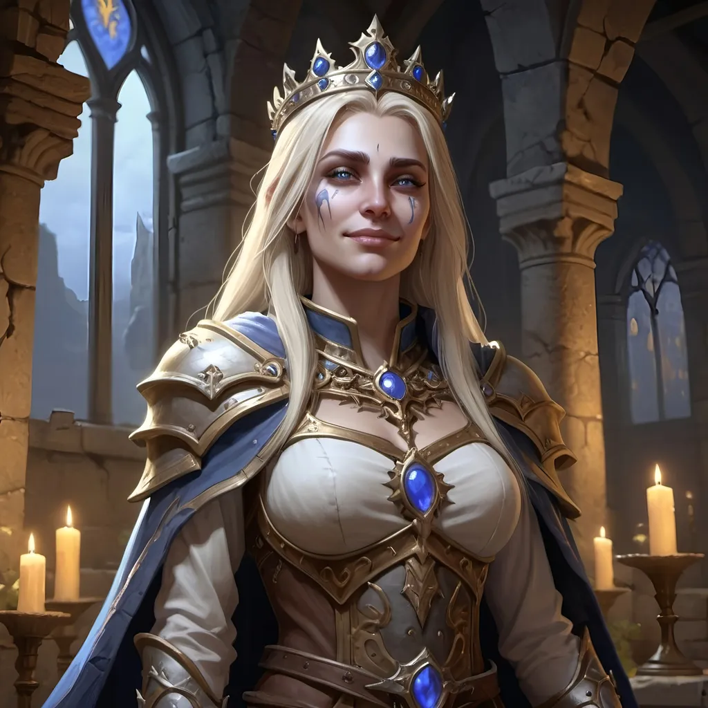 Prompt: (realistic illustration), Calia Menethil, she has become undead, but she was risen by the power of the light, she is a priest of the light, the light radiates from her, she is kind and good, she is pale, she is beautiful, stands in the ruins of her fathers throne room, Lordaeron, she has become the new queen of the Forsaken and of Lordaeron, The Forsaken knee before her, she rules with great love for her people and kindness, she has a loving smile on her face, she gives the Forsaken hope, she does her best to make amens for the sins of her brother, 4k, detailed lighting, detailed anatomy.