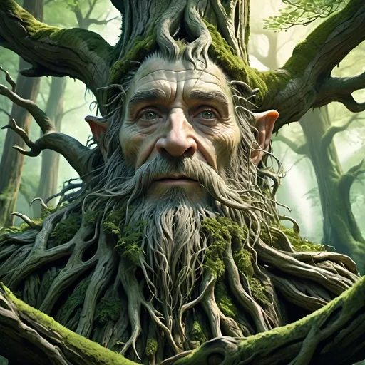 Prompt: (realistic illustration of Treebeard), (12 feet in height), exterior Fangorn Forest, dense ancient woods, towering trees, lush green foliage, moss-covered trunks, sunlight filtering through canopy, ethereal atmosphere, cool color tones, detailed bark texture on Treebeard, tree branches for arms, expressive wise face, nature spirit, serene and mystical scene, high depth cinematic masterpiece, ultra-detailed, 4K.