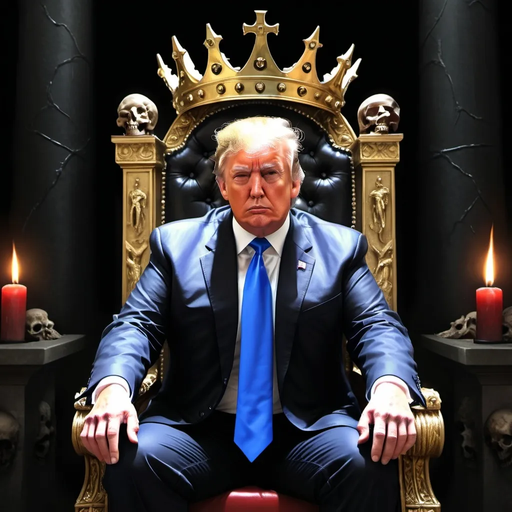 Prompt: realistic illustration of Donald Trump, he is the Antichrist, the lord of lies, the king of chaos, he is the great deceiver the enemy of man, he brings fascism to America, great evil rules the land, he is miserable, evil, selfish, greedy, he gets great pleasure out of causing others pain, he obsesses about revenge, vain, paranoid, his soul is black as is his heart, he is a virus on humanity, he shall bring about the apocalypse, he rules a pile of ash and death, he sits upon a throne made of bones and skulls, his face pale, his eyes black, his hair thin, his heart is full of hate, he sends many to their death, each dead another soul for his master  