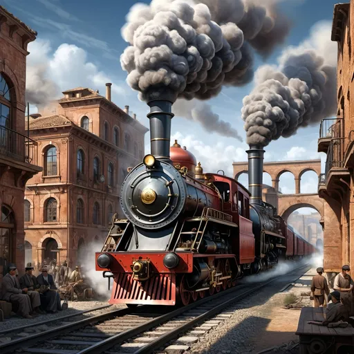 Prompt: (realistic illustration), alternate history, Roman steam engine innovation, imperial railroad line spanning Europe, Middle East, North Africa, industrial age emergence, bustling factories, intricate train designs, steam billowing, historical architecture, juxtaposition of ancient and industrial elements, dynamic landscapes, vibrant colors, detailed mechanisms, dramatic sky, ultra-detailed, cinematic ambiance.