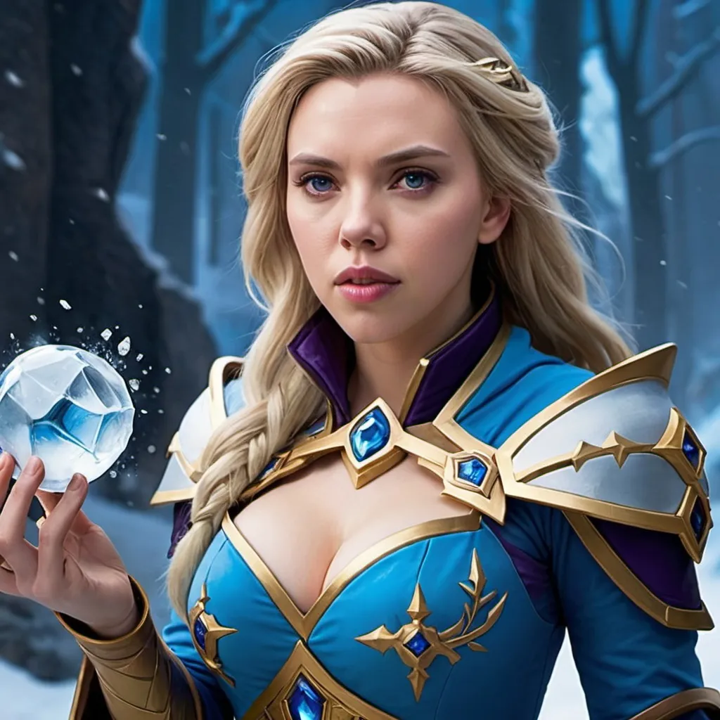 Prompt: Jaina Proudmoore, played by Scarlett Johansson, she is using ice magic