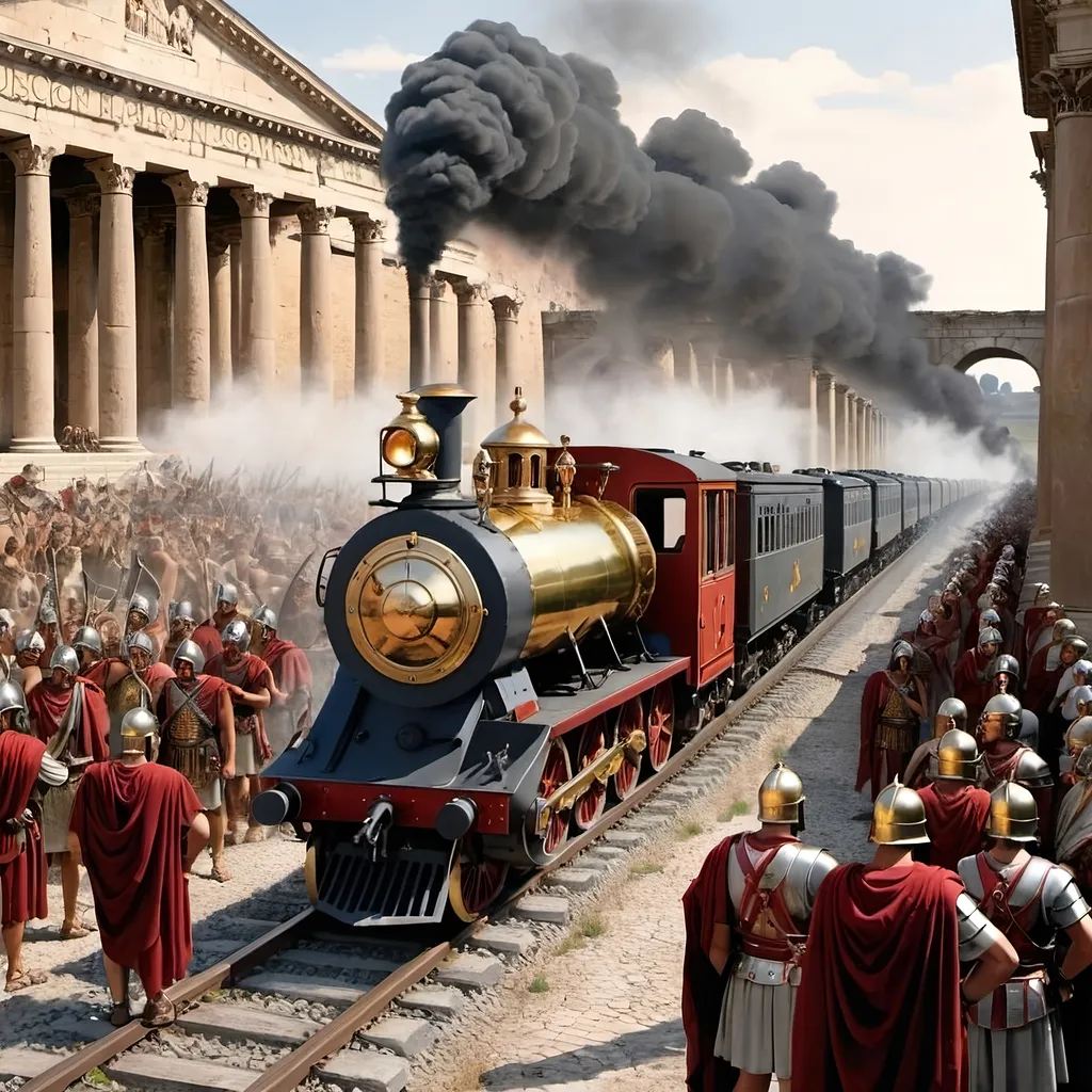 Prompt: Show me a alternate history where the Romans developed the steam engine, they have constructed a imperial railroad line that spans across Europe, The Middle East, and North Africa, they discovered gunpower, invented guns, invented the printing press, and abolished slavery, they entered the industrial age in 400 A.D., they become a Republic again and elect their leaders, the Romans conquer Germany, the Romans make peace with the Persians, Islam never becomes a threat, a new golden age began, Roman Peace is known across the empire, Europe remains unified, a Roman Empire that never ended up falling