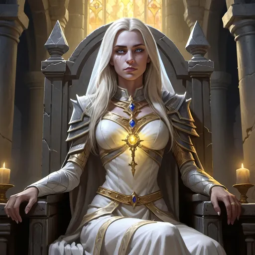 Prompt: (realistic illustration), Calia Menethil, she has become undead, she is a priest of the light, she is kind and good, her eyes glow with a yellowish white light, she is pale, she is beautiful, stands in the ruins of her fathers throne room, Lordaeron, she has become the new queen of the Forsaken and of Lordaeron, she rules with great love for her people and kindness, 4k, detailed lighting, detailed anatomy.