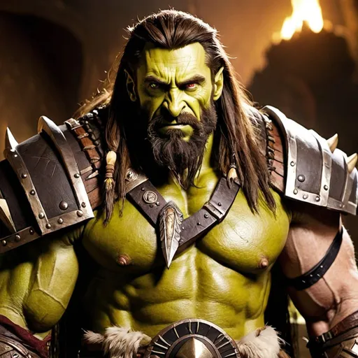 Prompt: Warchief Thrall, played by Hugh Jackman
