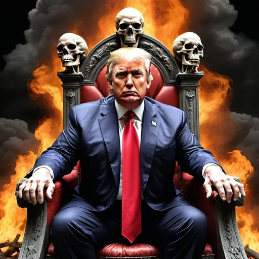 Prompt: realistic illustration of Donald Trump, he is the  Antichrist, the lord of lies, the king of chaos, he is the great deceiver the enemy of man, he brings fascism to America, great evil rules the land, he is miserable, evil, greedy, he gets great pleasure out of causing others pain, he shall bring about the apocalypse, he sits upon a throne made of bones and skulls 