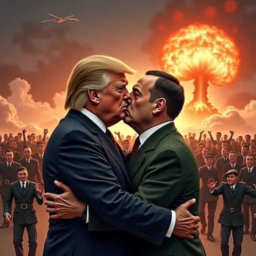 Prompt: realistic illustration, Donald Trump, Adolf Hitler, passionately embrace Hitler, nuclear bombs go off, the world dies as Nazis dance to YMCA  in the background.