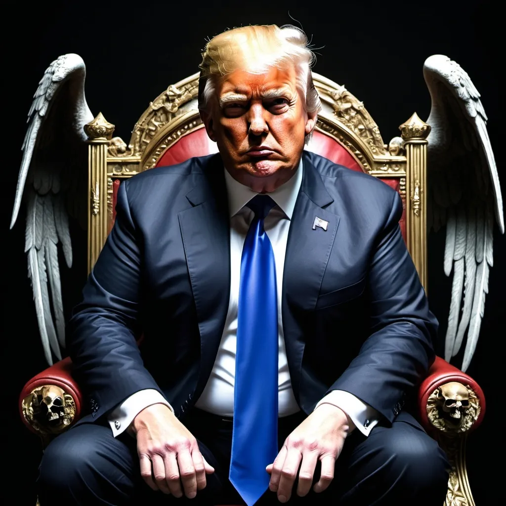 Prompt: realistic illustration of Donald Trump, he is the Antichrist, the lord of lies, the king of chaos, he is the great deceiver the enemy of man, he brings fascism to America, great evil rules the land, he is miserable, evil, selfish, greedy, he gets great pleasure out of causing others pain, he obsesses about revenge, vain, paranoid, his soul is black as is his heart, he is a virus on humanity, he shall bring about the apocalypse, he rules a pile of ash and death, he sits upon a throne made of bones and skulls, his face pale, his eyes black, his heart is full of hate, he sends many to their death  