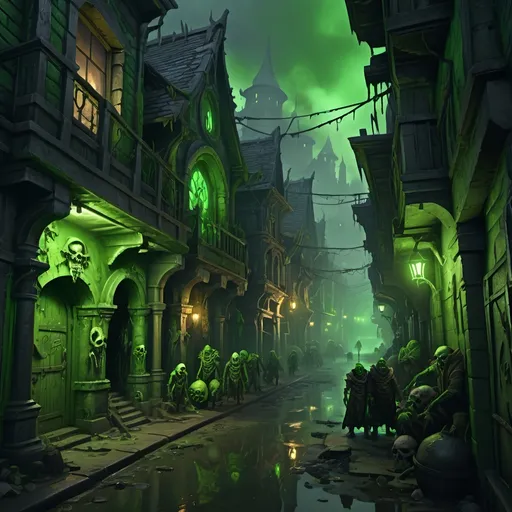 Prompt: (realistic illustration), (The Undercity) , Azeroth, toxic green sewage contaminated with plague runs through the streets, fat undead Abominations are patrolling, the forsaken undead walk the streets, power to the forsaken, (highly detailed), (fantasy theme).