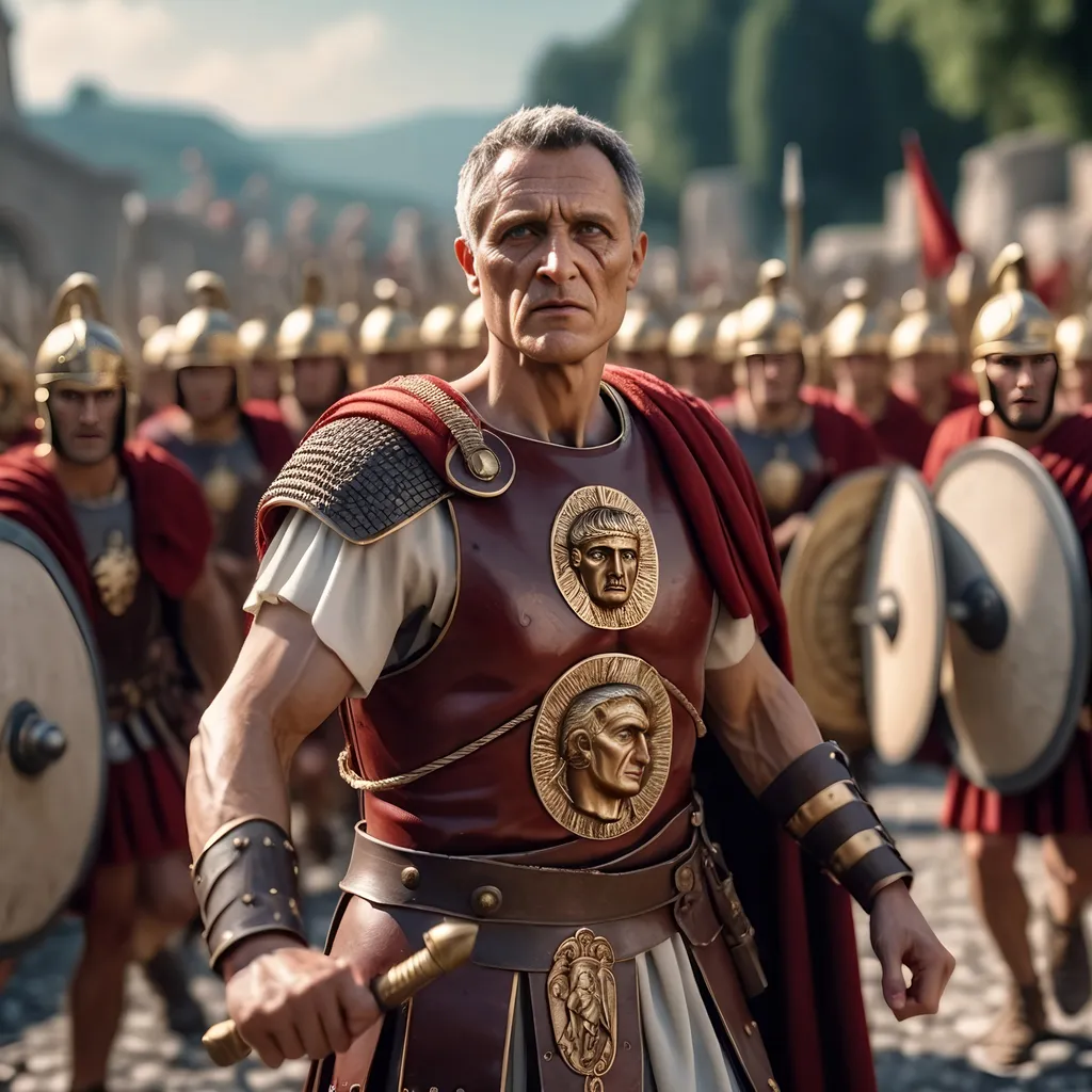 Prompt: Julius Caesar leading his legion against the Gauls, photorealistic, 4k,  Professional photography, bokeh, natural lighting, canon lens, shot on dslr 64 megapixels sharp focus