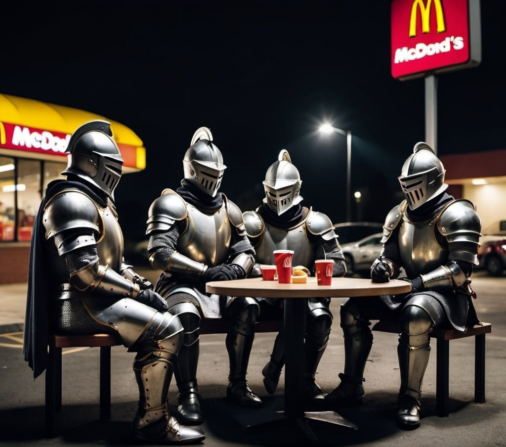 Prompt: A group of knights in armour sitting around in a dark McDonald's parking lot at night talking and looking mysterious