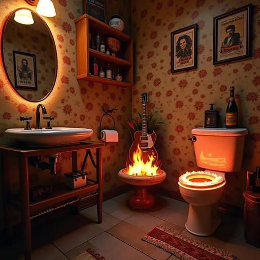 Prompt: Photo realistic interior design. Johnny Cash themed bathroom with a ring of fire toilet.
