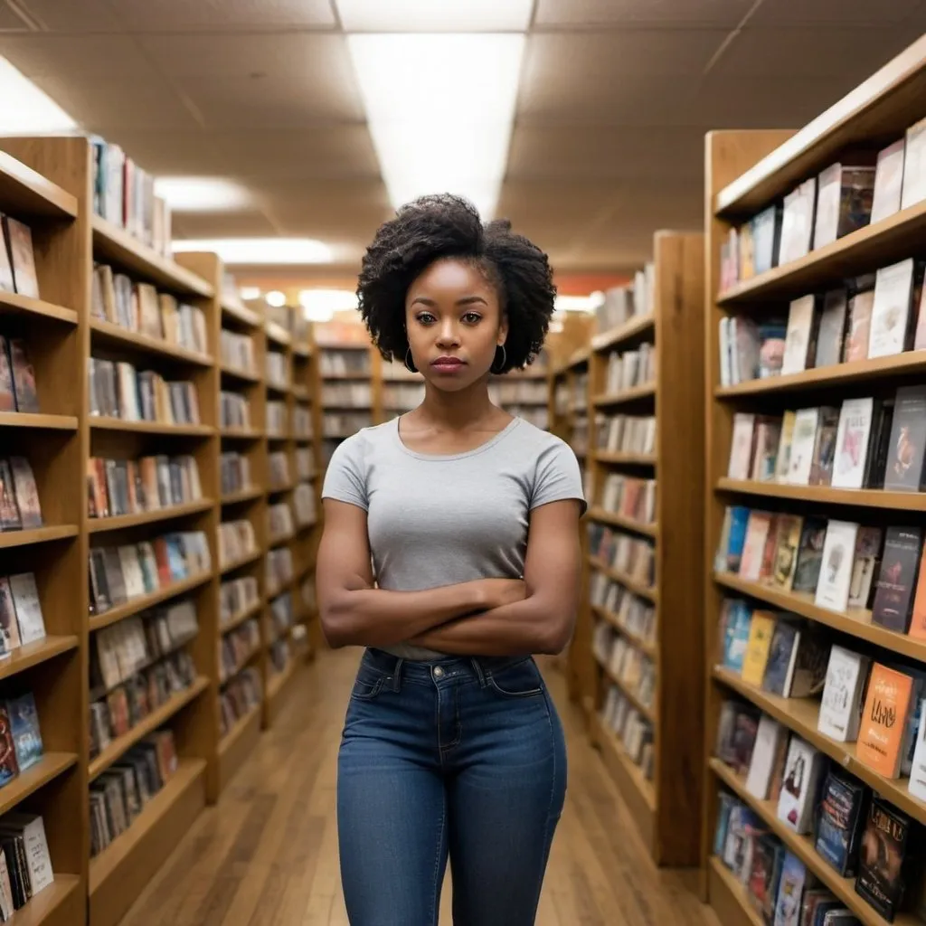 Prompt: A young black american lady in a book store, standing alone, who looks focused and enthusiastic.