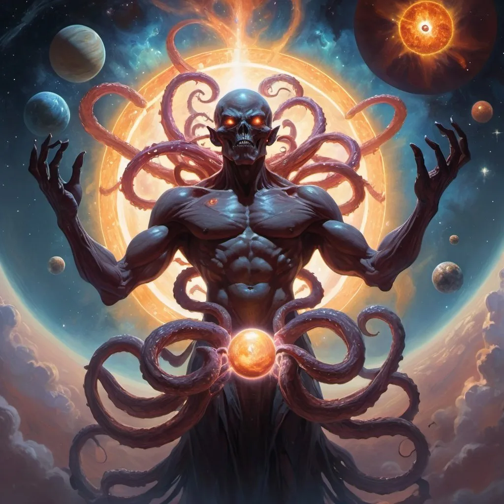 Prompt: giant celestial demonic being levitating in a starry solar system with earth between it's hands, space, black hole, planet, clouds, nebula, creature, monster, demon alien tentacles, demon, colorful, high constrast, lens flare, oil painting, detailed, 4 k, 8 k, peter mohrbacher