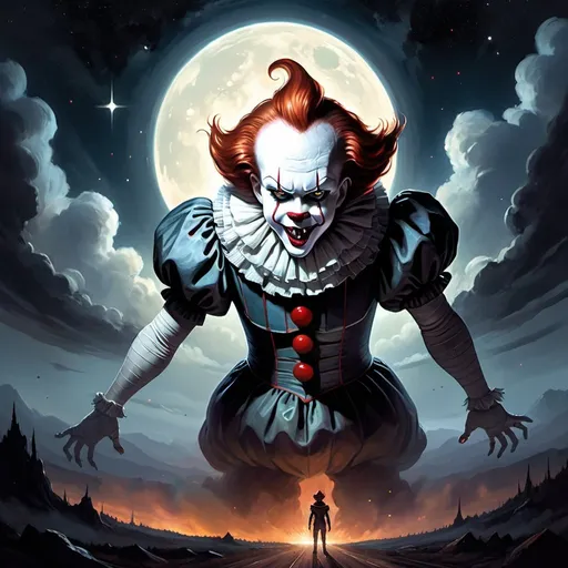 Prompt: Giant version of pennywise from IT's face only smiling with demonic teeth and levitating with a starry night background , hovering over a cloudy valley, space, black hole, clouds, creature, monster, demon, demon, dark, high constrast, lens flare, oil painting, detailed, 4 k, 8 k, peter mohrbacher, stephen king