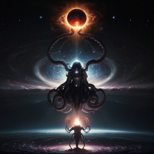 Prompt: giant celestial demonic being levitating in a starry solar system with earth between it's hands, space, black hole, planet, clouds, nebula, creature, monster, demon alien tentacles, demon, colorful, high constrast, lens flare, oil painting, detailed, 4 k, 8 k, peter mohrbacher
