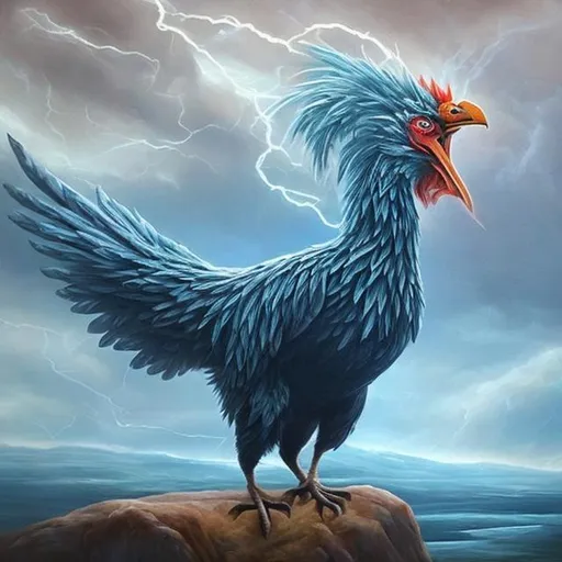 Prompt: MAke a cool thunder chicken. Make it like a painting. More thunder. In the background i want a frozen lake.
More thunder
