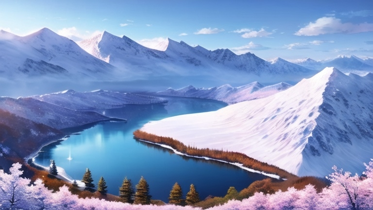 Prompt: Winter lake by the snowed mountain on the left side. We support all languages