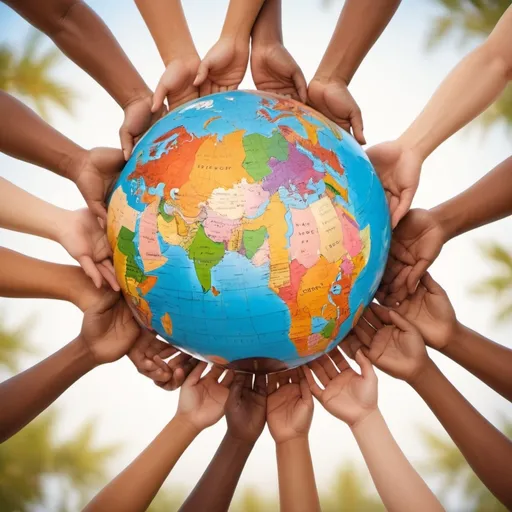 Prompt: (globe held by diverse hands), (diverse group), unity and connection, intricate details of each hand, hands displaying various skin tones, vibrant colors reflecting across the globe, warm ambient lighting, background of a serene and blurred landscape, conveying a sense of harmony, ideal for high-resolution artwork, ultra-detailed, HD.