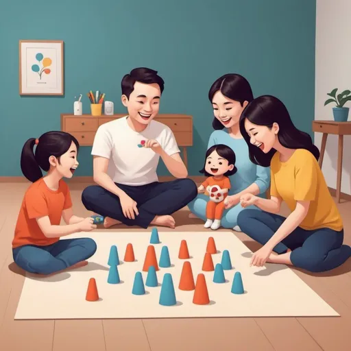 Prompt: To come up with a cartoon image of company family day event, minimalist and parent and children were playing games together