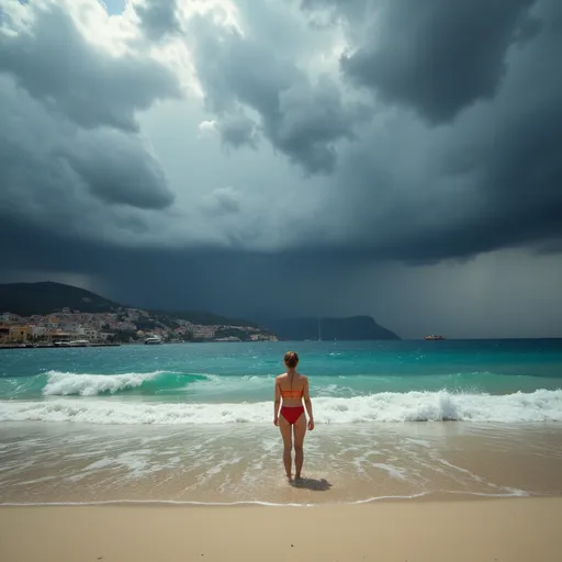 Prompt: Over a  background featuring a far coastal town a bathing suit  dressed girl is emerging from the sea towards the beach, minimalist style, solitary Mediterranean beach, 1960s ambiance, dramatic and  threatening  dark clouds (threatening storm), vibrant colors, deep blue hues of the sea contrasting against dark gray clouds, captivating atmosphere, ultra-detailed, HD quality.