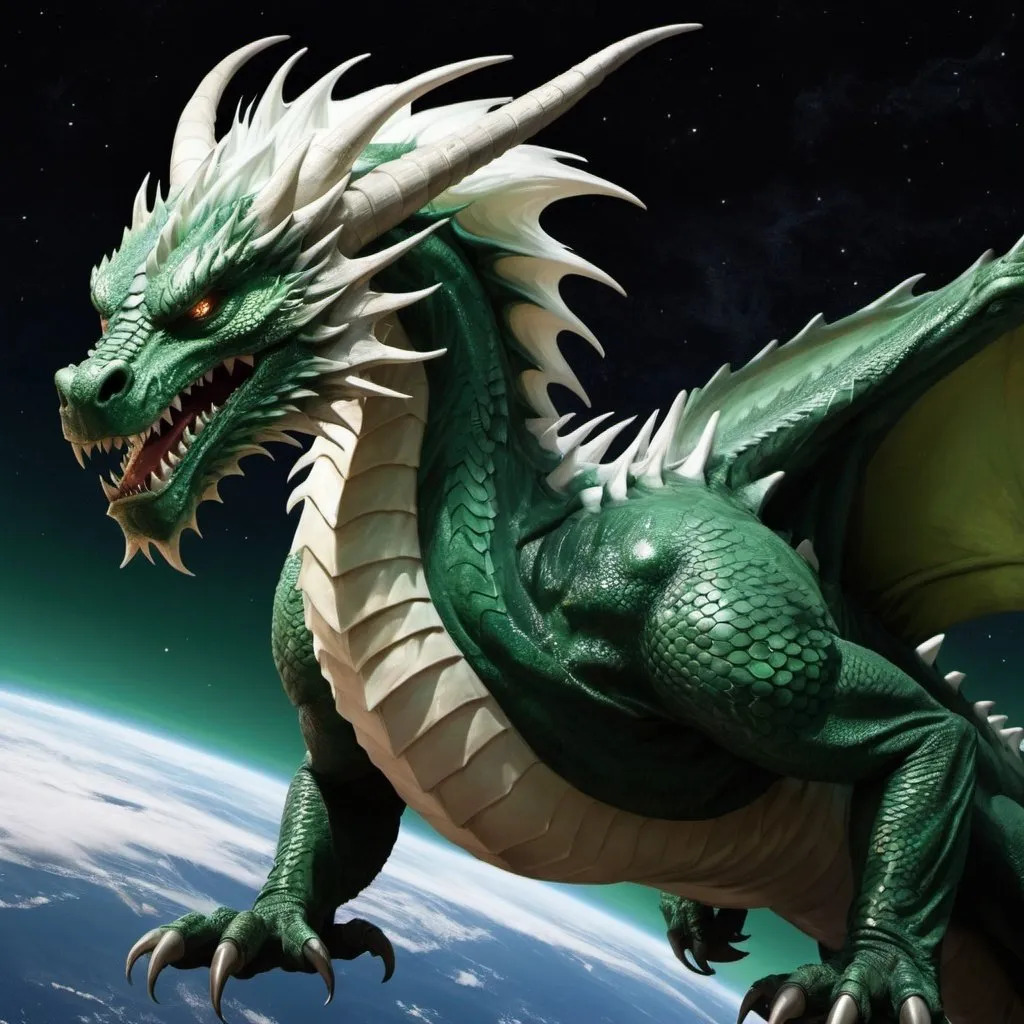 Prompt: A very large dragon, its length surrounds the earth, its color is dark green, its hair is white, peering into space.