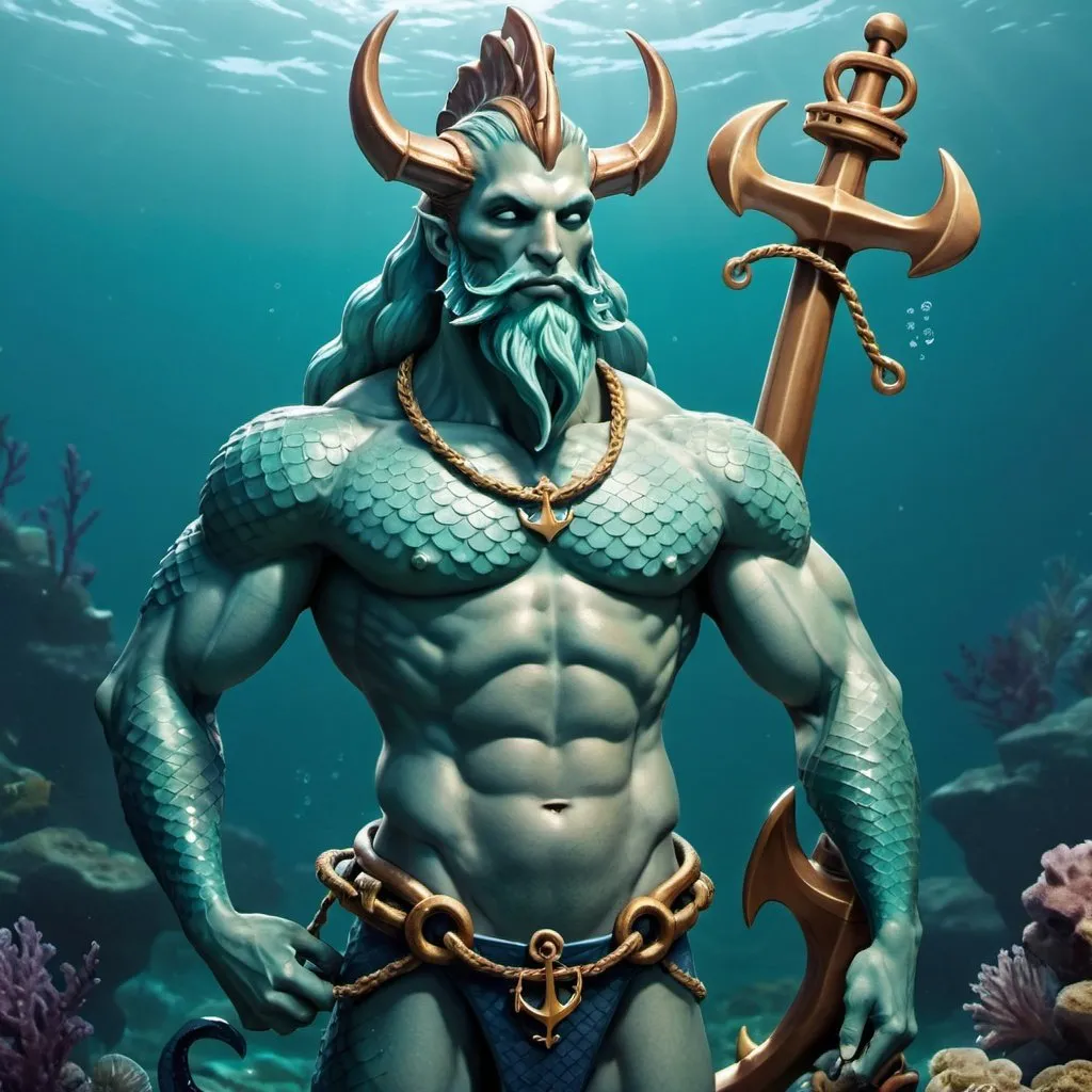 Prompt: Muscular Merfolk with an anchor on his back