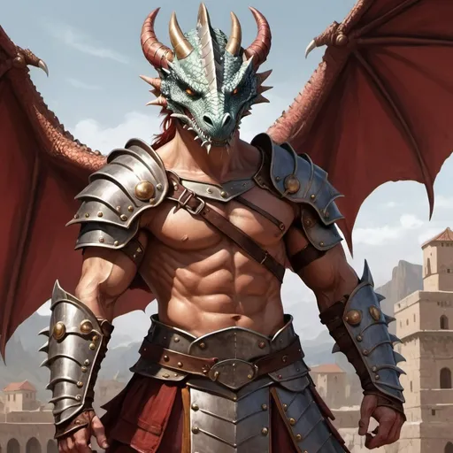 Prompt: A dragon human gladiator