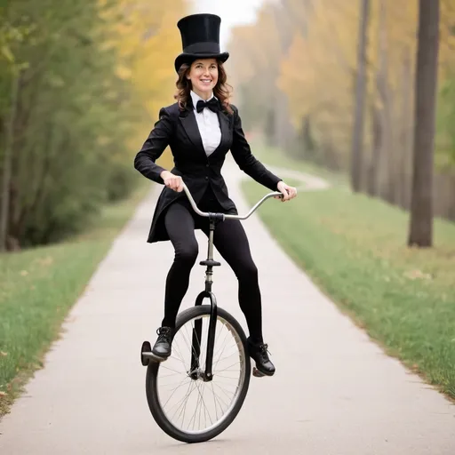 Prompt: A mom riding a unicycle with a bow and a top hat 