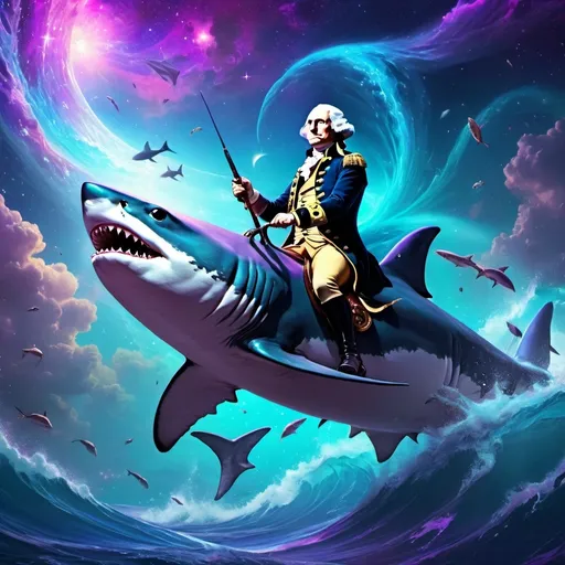 Prompt: george washington riding a shark in space