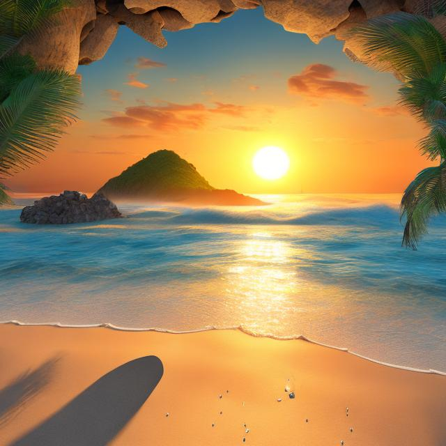 Prompt: Realistic illustration of a sunrise over a beach landscape, ocean view, with islands in the distance, mandala coming from the sun, high quality realism, landscape art, sandy beach, ocean, islands