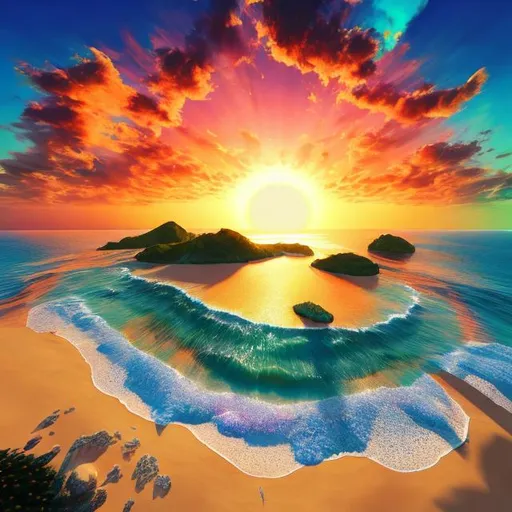 Prompt: Realistic illustration of a sunrise over a beach landscape, ocean view, with islands in the distance, mandala coming from the sun, high quality realism, landscape art, sandy beach, ocean, islands, faded trippy mandala