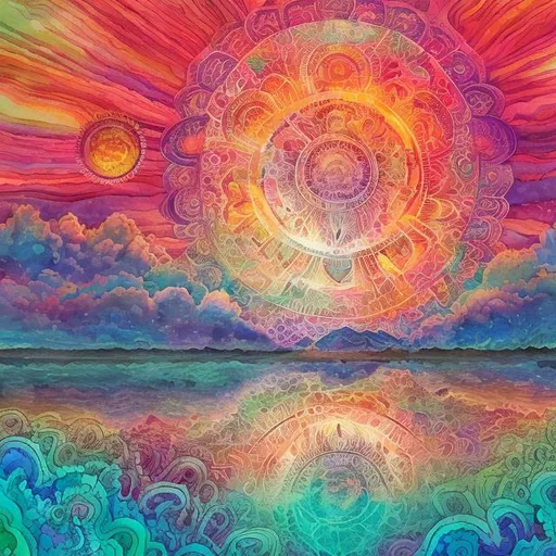 Prompt: Watercolor illustration of a trippy sunrise over a beach landscape with islands in the distance, faded mandala in the sun, psychedelic art style, detailed sun rays, intricate mandala design, high quality, watercolor, trippy, sunrise, psychedelic, surreal, detailed, intricate, faded mandala