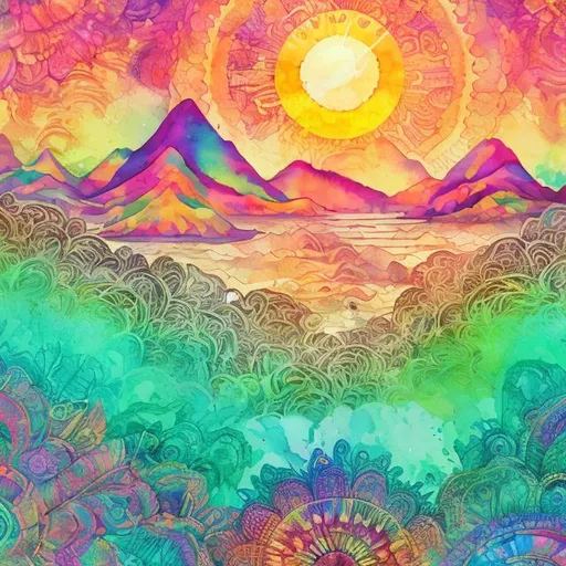 Prompt: Watercolor illustration of a trippy sunrise over a beach landscape, ocean view, with islands in the distance, faded mandala in the sun, psychedelic art style, detailed sun rays, faded mandala design, high quality
