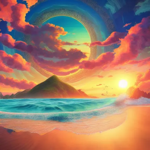 Prompt: Realistic illustration of a sunrise over a beach landscape, ocean view, with islands in the distance, mandala coming from the sun, high quality realism, landscape art, sandy beach, ocean, islands, faded trippy mandala