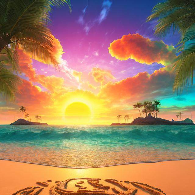 Prompt: Realistic illustration of a sunrise over a beach landscape, ocean view, with islands in the distance, mandala coming from the sun, high quality realism, landscape art, sandy beach, ocean, islands, faded trippy mandala