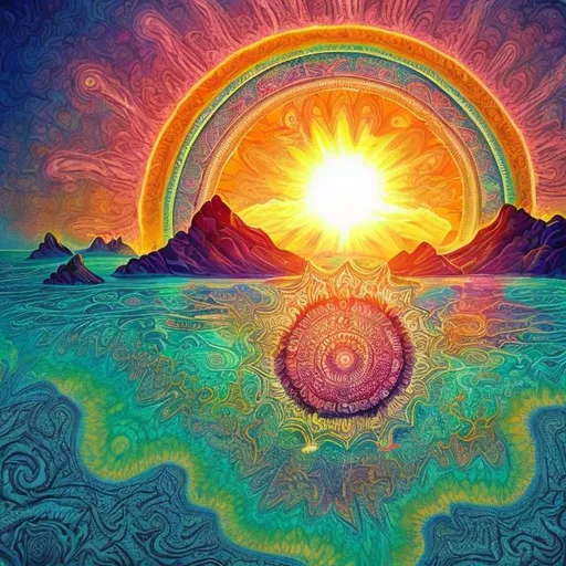 Prompt: Realistic illustration of a trippy sunrise over a beach landscape, ocean view, with islands in the distance, faded mandala in the sun, psychedelic art style, detailed sun rays, faded mandala design, high quality