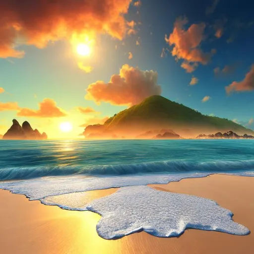 Prompt: Realistic illustration of a sunrise over a beach landscape, ocean view, with islands in the distance, mandala coming from the sun, high quality realism, landscape art, sandy beach, ocean, islands