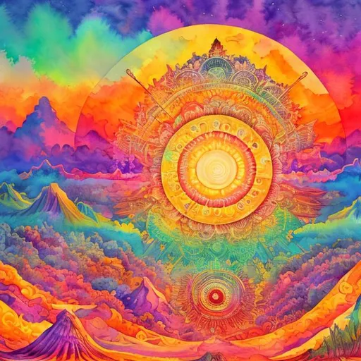 Prompt: Watercolor illustration of a trippy sunrise over a beach landscape with islands in the distance, faded mandala in the sun, psychedelic art style, detailed sun rays, intricate mandala design, high quality, watercolor, trippy, sunrise, psychedelic, surreal, detailed, intricate, faded mandala